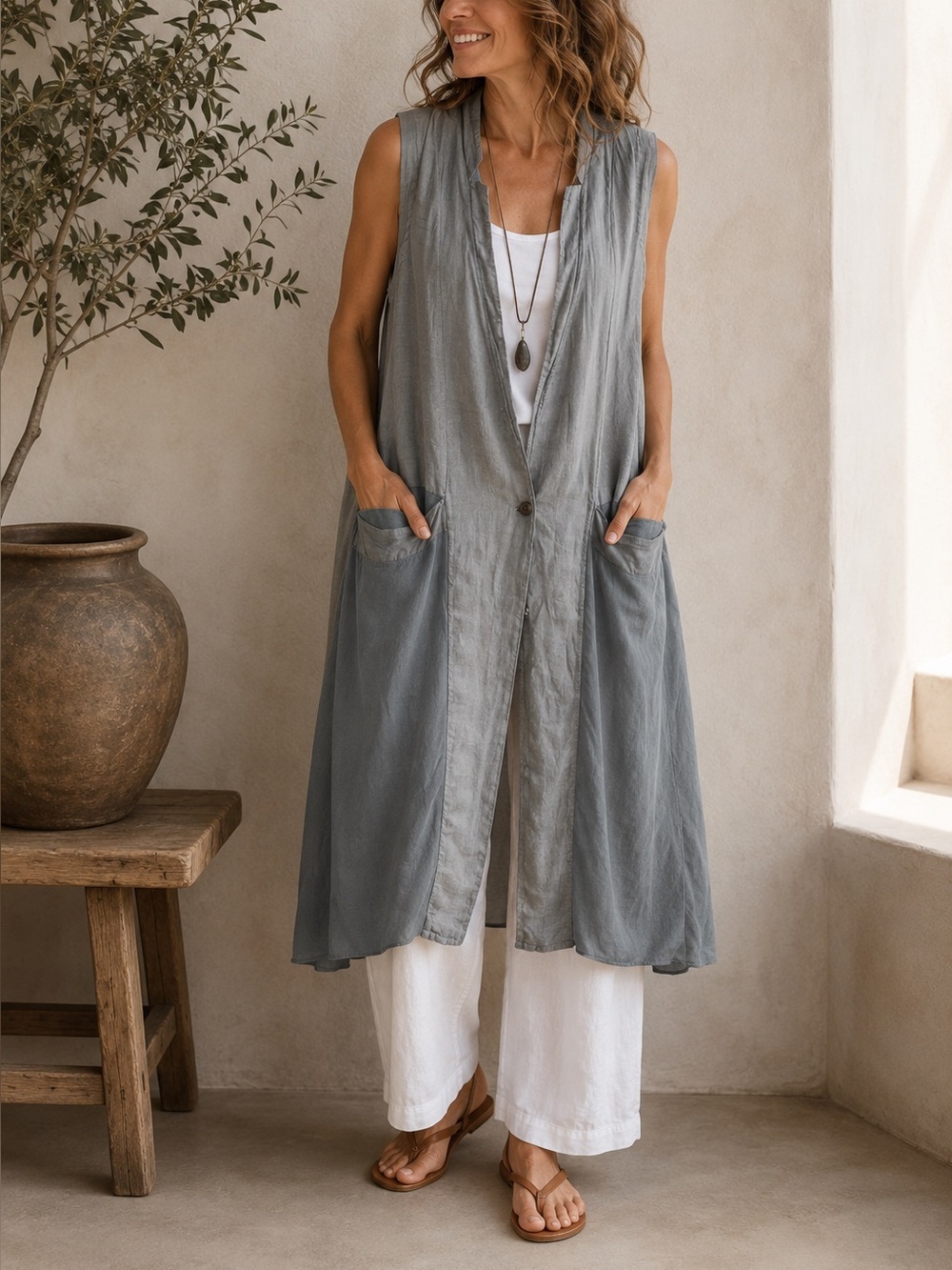 Transit Par-Such Italy Linen Long Duster Vest Lagenlook Architectural Size 2